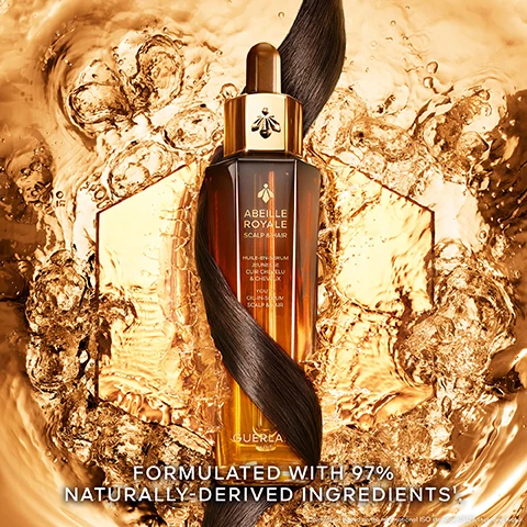 Image 1, formulated with 97% naturally derived ingredients. Image 2, hair is visibly transformed, thickness +55%, hair fibre repair +108%, shine +88%. Image 3, dynamic blackbee repair technology, complex with D-panthenol. Image 4, guerlain has been actively committed to protecting bees, the sentinels of the environment.