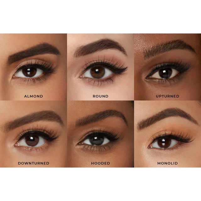 Lashes modelled on different eye shapes: Almond, Round, Upturned, Downturned, Hooded, Monolid