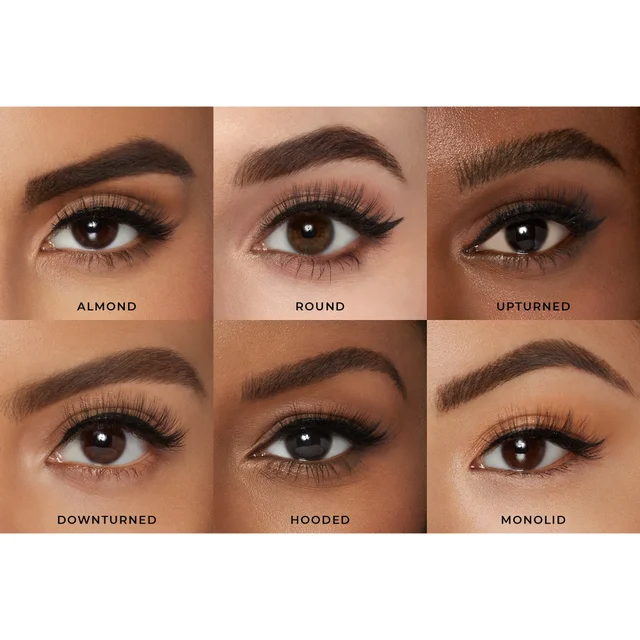 Lashes modelled on different eye shapes: Almond, Round, Upturned, Downturned, Hooded, Monolid