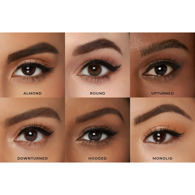 Lashes modelled on different eye shapes: Almond, Round, Upturned, Downturned, Hooded, Monolid