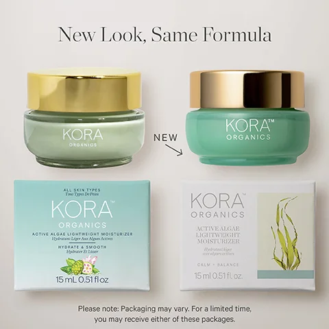 Image 1 - Image shows two jars of moisturizer, one with a golden lid and the other with a teal lid, placed beside a white box containing a moisturizer with similar branding; visible text includes New Look, Same Formula, KORA ORGANICS, and details about the product.