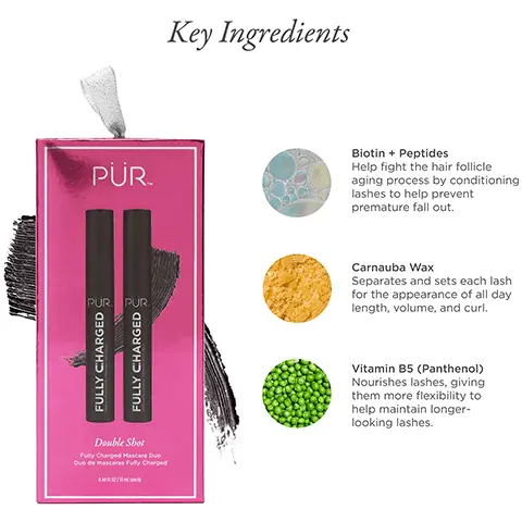 Image 1, Key Ingredients: biotin plus peptides help fight the hair follicle aging process by conditioning lashes to help prevent premature fall out. carnauba wax separates and sets each lash for the appearance of all day length, volume and curl. Vitamin B5 (panthenol) nourishes lashes, giving them more flexibility to help maintain longer looking lashes. Image 2, benefits: volumizing, lengthening and strengthening