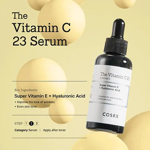 Image 1, The Vitamin C 23 Serum The Vitamin C 2: Key Ingredients Super Vitamin E + Hyaluronic Acid + Improve the look of wrinkles + Even skin tone [/serum/ Super Vitamin E +Hyaluronic Acid improve the look of wrinkles Even skin tone STEP 123 Category Serum | Apply after toner COSRX Image 2, Pigmentation Pores The Vitamin C 23 ме Super Vitamin E Huronic Acid Elasticity Wrinkles Brightening /Skin radiance COSRX Skin tone (Triple-complexion) "As a result of the clinic trials from Dermacosmetic Skin Science Laboratory Co.Ltd Image 3, BEFORE AFTER > BEFORE AFTER Image 4, 32% Skin Brightening Just in 7 days* 'As a result of the clinic trials from Dermacosmetic Skin Science Laboratory Co.Ltd Image 5, Watery and thin bilayer Image 6, 100%* agree skin feels brighter & evens out skin tone agree skin improves with pigmentation agree skin feels firmer within 4 weeks The Vitamin C The Vitamin C 23 *As a result of the clinical trials, "COSRX The Vitamin C23 Serum" from Dermacosmetic Skin Science Laboratory Co.,Ltd participatns between 30-65 of 20 females OSRX COSRX The Vitamin C COSRX Image 7, Ascorbic acid 23% (Vitamin C) improves sign of skin aging, brightens skin Hyaluronic acid retains moisture Allantoin soothes and protects skin Super Vitamin E (tocotrienol) improves fine lines + wrinkles