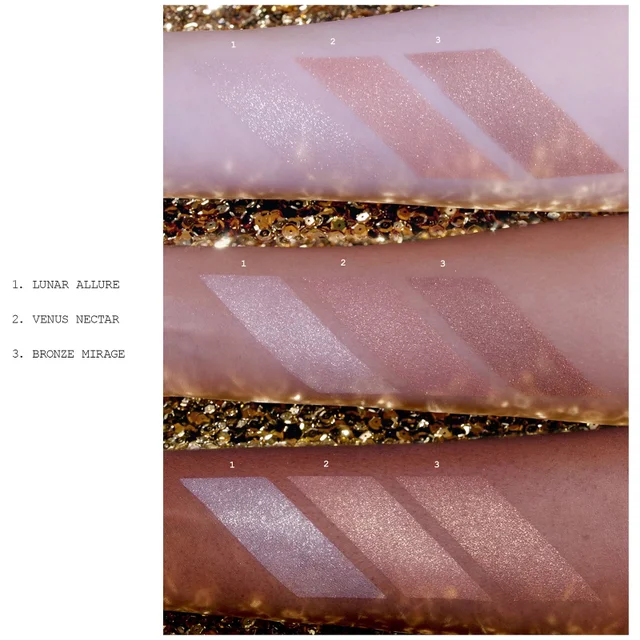 Image showing swatches modelled across three different skin tones: Lunar Allure, Venus Nectar, Bronze Mirage