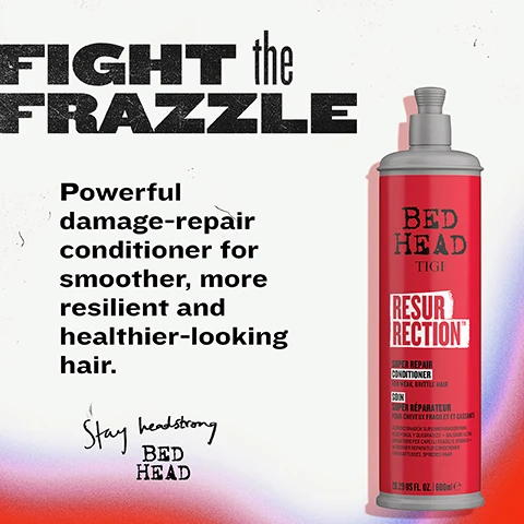 Image 2 - The image shows a red Bed Head TIGI Resurrection Super Repair Conditioner bottle against a white background with a red and purple gradient, alongside text that reads: FIGHT the FRAZZLE, Powerful damage-repair conditioner for smoother, more resilient and healthier-looking hair., Stay headstrong BED HEAD, BED HEAD TIGI RESURRECTION™ SUPER REPAIR CONDITIONER FOR WEAK, BRITTLE HAIR SOIN SUPER RÉPARATEUR POUR CHEVEUX FRAGILES ET CASSANTS ACONDICIONADOR SUPERREPARADOR PARA PELO FRÁGIL Y QUEBRADIZO BALSAMO ULTRA RIPARATORE PER CAPELLI FRAGILI E SFIBRATI INTENSIVER REPARATUR CONDITIONER FÜR KRAFTLOSES, SPRÖDES HAAR 20.29 US FL. OZ. | 600ml e. Image 3 - A red bottle of Bed Head Tigi Resurrection Super Repair Conditioner with white foam is displayed on a red pedestal against a textured red background, with text that reads FOR HAIR that NEEDS A RESCUE, Designed for damaged, over-processed, and brittle hair thats been bleached, dyed, or heat-styled one too many times, and on the bottle Bed Head Tigi Resurrection Super Repair Conditioner For Weak, Brittle Hair 20.29 US FL. OZ. | 600ml e, along with the footer text SUPER REPAIR CONDITIONER • RESURRECTION SUPER REPAIR CONDITIONER. Image 4 - A red Bed Head TIGI Resurrection Super Repair Conditioner bottle for weak, brittle hair is shown with text and icons detailing product benefits: POWERED by REPAIR TECHNOLOGY, Restructures damaged proteins, Deeply conditions & nourishes dry hair, Reduces static & smooths frizz, Hair feels smoother. Image 5 - A before and after comparison shows a persons long blonde hair transformed from frizzy and damaged on the left to smooth and shiny on the right, with the text FROM FRIED to FIERCE, Brings frazzled hair back to life, BEFORE, AFTER, and CURLS ROCK AMPLIFIER. Image 6 - A red background features a white, creamy swirl of conditioner on the right, with white text that reads TURBO CHARGED REPAIR damage Creamy, rich and hydrating, this intensely nourishing conditioner is turbo-charged with our highest level of conditioning complex.