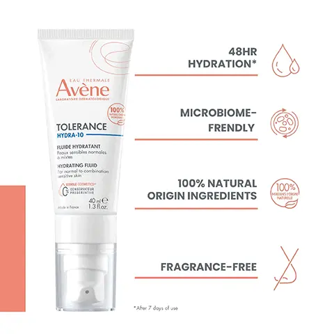 Image 1, 48 Hr hydration, microbiome friendly, 100% natural origin ingredients and fragrance-free. Image 2, A gentle moisturiser directly inspired by the skin's composition, microbiome friendly, babies, children and adults and only 10 natural origin ingredients. Image 3, Cleanse and remove makeup, tolerance, extremely gentle cleanser, soothe, avene thermal spring water and Hydrates tolerance hydra 10 hydrating fluid.