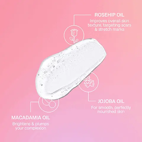 Image 1 - A glistening drop of cream is centered against a pink gradient background, with highlighted benefits of rosehip oil, jojoba oil, and macadamia oil: rosehip oil improves overall skin texture, targeting scars and stretch marks; jojoba oil promotes smooth, perfectly nourished skin; and macadamia oil brightens and plumps your complexion.
Image 2 - Image shows a bottle of Ball Body Essentials with a pour of product against a pink gradient background, accompanied by text that states luxurious blend of nourishing oils, locks in moisture & promotes skin renewal, and suitable for sensitive skin.
Image 3 - A hand holding a bottle of Bali Body Essentials body wash, with text above stating How to use, and visible instructions reading STEP 1 Dispense the body wash directly onto your hands or a damp sponge. STEP 2 Massage over wet skin, then rinse off thoroughly. STEP 2 Perfect for daily use for all skin types. For a relaxing bath, pump product into running water.