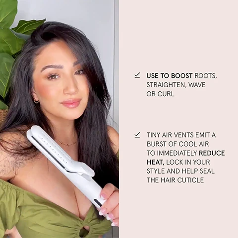 Image 1, use to boost roots straighten, wave or curl. tiny air vents emit a burst of cool air to immediatley reduce heat, lock in your style and help seal the hair cuticle Image 2, customer reviews. sbkeegs26 said this airbust straightener is absolutely the best straightener i have ever used. if you're thinking about getting it, this is your sign to get it, you won't regret it. Image 3, 360 degree swivel and tangle free cord. 5 heat settings up to 430 f, lightweight, professional quality, developed with the latest in cooling technology. Image 4, why you'll love it = developed with the latest technology. lightweight and professionally designed. hair stylist approved. 360 degree power cord.
