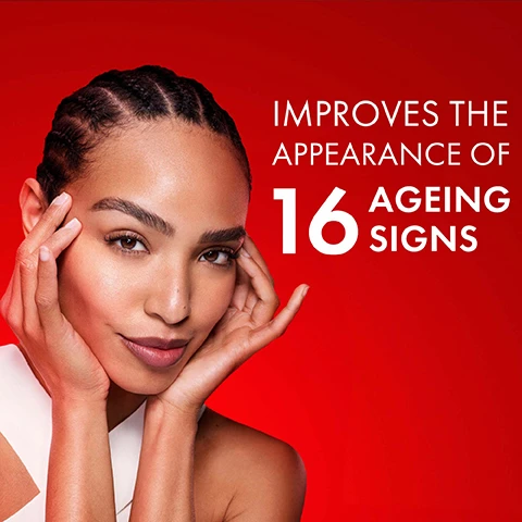 Image 1 - A model with braided hair is smiling and touching her face against a bright red background, with text that reads improves the appearance of 16 ageing signs.
Image 2 - Image shows two jars of Vichy Liftactiv Collagen Specialist cream on a red background, with the jar on the left (before) having a white lid and the jar on the right (after) with a red lid, accompanied by the text New look, improved formula.
Image 3 - A red jar of Vichy Liftactiv Collagen Specialist 16 Day cream is displayed over a smooth white surface, with text that reads QUICK ABSORPTION & NON-STICKY TEXTURE.
Image 4 - A close-up image of a red, textured background with the text CO-BONDING TECHNOLOGY, Rhamnose, Collagen Peptides, Maitake, and the message Boost skin affected by the loss of collagen and its bonds.
Image 5 - A red background features a jar of Vichy Liftactiv Collagen Specialist 16 Day Cream with a creamy top, and visible text instructs to apply every morning on dry skin and smooth on gently until thoroughly absorbed.
Image 6 - Image shows three Vichy skincare products on a red background, including a serum bottle with a dropper, a cream jar labeled LIFTACTIV COLLAGEN SPECIALIST 16 DAY, and an eye care tube, with visible text stating COMPLETE YOUR COLLAGEN SPECIALIST 16 PROTOCOL and steps labeled STEP 1 BOOST, STEP 2 CORRECT, and STEP 3 TARGET.