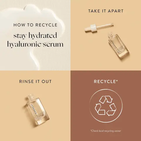 Image 1, how to recycle stay hydrated serum, take it apart, rinse it out, recycle *check local recycling centre. Image 2, 3 types of hyaluronic acid, deeply hydrates skin. natural moisturizing factors helps skin stay hydrated. rambutan peel extract, provide extra hydration. kiwi seed oil, helps support barrier function