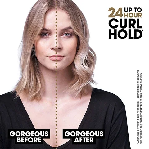 a before and after model shot showing straighter hair before use and bouncy curled hair after with the text: up to 24 hour curl hold. Gorgeous before, gorgeous after* when used with ghd curl hold spray. Technical test measuring curl retention in a humidity chamber at 50% relative humidity