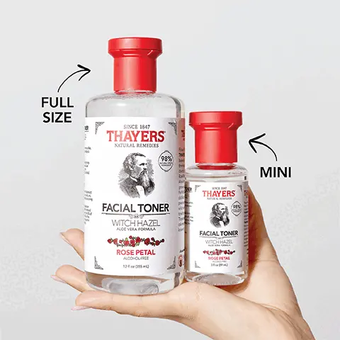 Image 1, Full size VS Mini. Image 2, 98% natural origin ingredients. Hydrates and smoothes skin, gives a healthy glow, maintains skin barrier, balances PH, prepares skin for makeup and tightens pores. Image 3, Non greasy rapid absorption, after cleansing your skin, 1 apply to a cotton pad then 2 gentle swipe on face and neck. Day and night. Image 4, Effective on all skin tone and all skin types.