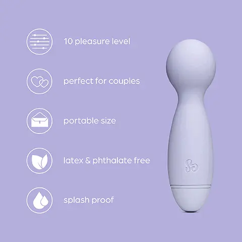 Image 1, 10 pleasure levels, perfect for couples, portable size, latex and phthalate free, splash proof. Image 2, 10 pleasure levels, customise your pleasure experience and choose between 3 speeds and 7 functions