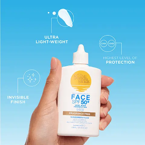 Image 1 - A person holding a bottle of Bondi Sands Face SPF 50+ sunscreen on a light blue background, with text highlights noting Ultra Light-Weight, Invisible Finish, and Highest Level of Protection, along with Fragrance Free and Sunscreen Fluid.
Image 2 - A person holding a bottle of Bondi Sands Face SPF 50+ sunscreen with a blue background, featuring two speech bubbles with text: I like the consistency and it leaves my skin dewy and moisturised. The quality is the best Ive used so far. - Lizzie | UK and Great product, very easy to use and high quality. - Brandi | UK.