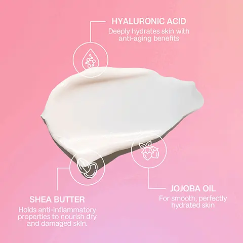Image 1 - A creamy skincare product is spread on a surface with icons and text labeling its key ingredients: Hyaluronic Acid, Shear Butter, and Jojoba Oil, highlighting their benefits for skin hydration and nourishment.
Image 2 - A side-by-side comparison of legs showing a before and after effect, with the left side labeled BEFORE and the right side labeled AFTER, with a woman holding a skincare product in her right hand on the right side.
Image 3 - A woman with curly hair wearing a beige bra holds a jar of cream, set against a pink background, with text that reads Formulated to melt into your skin, followed by three icons with the phrases LEAVES SKIN NOURISHED & SILKY SMOOTH, EXTENDS THE LIFE OF YOUR SELF TAN, and SUITABLE FOR ALL SKIN TYPES.
Image 4 - An individual in a brown bodysuit is applying a cream from a white jar to their thigh, with the text that reads How to use, TIP 1: After showering, scoop out a generous amount and rub all over your body in small, circular motions, and TIP 2: Use morning & night for best results.