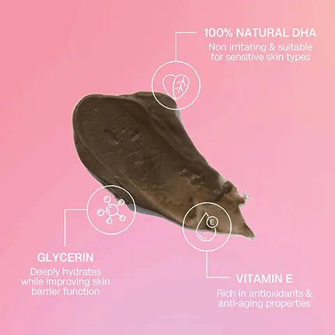 Image 1 - A smooth, dark brown cosmetic cream is displayed against a soft pink background, with labels highlighting its benefits: 100% natural DHA, glycerin for hydration and skin barrier improvement, and vitamin E for its antioxidant and anti-aging properties.
Image 2 - A model stands in a white bikini, showing her legs in a side-by-side comparison labeled Before on the left and After on the right, where she holds a black bottle of self-tanner.
Image 3 - A smiling woman holding a bottle of Bali Body tanning product is shown, with text that reads Achieve a deep, ultra dark tan, LIGHTWEIGHT & QUICK DRY FORMULA, MADE WITH NOURISHING OILS & 100% NATURAL DHA, and STREAK-FREE RESULTS.
Image 4 - Image shows a woman applying a tanning product on her leg against a pink background, with visible text outlining three steps: STEP 1: Begin with clean, freshly exfoliated skin. STEP 2: Apply the aerated foam to your mitt. Smooth over your entire body using long, sweeping motions. STEP 3: Allow the product to develop for a minimum of 1 hour. For a deeper result, leave on for at least 3-4 hours.
