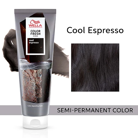 image 1, cool espresso semi permanent colour. image 2, before - hair previously highlighted. after with colour fresh mask cool espresso applied to all the hair. image 3, moisturised and smooth hair. image 4, zero damage formula. image 5, results visible within 10 minutes. image 5, before (pre lightened or balayage highlights, level 8/0 and after on low porosity hair. results not noticeable on darker levels. image 6, for best results use with colour brilliance. image 7, 9 natural looking shades.
