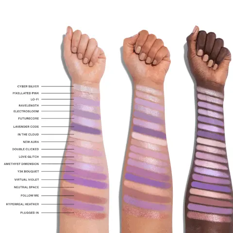 Image 1, swatches on three different skin tones = cyber silver, pixellated pink, lo-fi, ravelength, electrobloom, futurecore, lavendar code, in the clod, new aura, double clicked, love glitch, amethyst dimension, y3k bouquet, virtual violet, neutral space, follow me, hyperreal heather, plugged in. Image 2, swatches on three different skin tones = override, glowbotic, hd berry, flickered and flashed, blinking bronze, dotcalm, circuit breaker, copper blip, sparked, enigmatic static, technotrance, velvet void, camera on, cntrl shift, dark web, very vivid, switched off. Image 3, 35L ultra lavender artistry palette