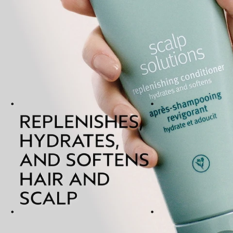 Image 2 - A hand holds a teal bottle of hair product labeled Scalp Solutions replenishing conditioner hydrates and softens, with French text après-shampooing revigorant hydrate et adoucit, and additional text on the left states Replenishes, hydrates, and softens hair and scalp. Image 3 - A side-by-side comparison of long, dark hair; on the left, the hair appears somewhat dull, frizzy, and tangled, while on the right, the same hair appears smooth, shiny, and well-styled; the visible text reads BEFORE, AFTER, Unwashed Hair, and Results with Scalp Solutions Exfoliating Scalp Treatment, Balancing Shampoo, Replenishing Conditioner, Hydrating Hair & Scalp Masque and Overnight Scalp Renewal Serum. Styled with Pure Abundance Style-prep™ and Air Control™ Light Hold Hair Spray. Image 4 - A dark green background features a white circle containing a slice of orange, a sprig of mint leaves, slices of lemon, a green leaf with white neroli blossoms, and small orange peel pieces, with the text Clean, Uplifting Aroma and Bright Citrus Notes of Lemon and Orange with Neroli and Crisp, Cool Mint. Image 5 - The image illustrates a four-step scalp care routine titled HOW TO USE, set against a dark green background with bubbles: 01 EXFOLIATE, depicting a hand applying an Aveda Scalp Solutions Exfoliating Scalp Treatment from a tube to curly hair; 02 MASSAGE, showing a hand using an Aveda Scalp Solutions Stimulating Scalp Massager on foamy hair; 03 CLEANSE & CONDITION, with a hand applying Scalp Solutions Balancing Shampoo & Replenishing Conditioner to wet hair; and 04 TREAT & REFRESH, featuring a hand using a dropper to apply Scalp Solutions Overnight Scalp Renewal Serum, Hydrating Hair and Scalp Masque & Refreshing Protective Mist to curly hair. Image 6 - A close-up of thick white cream or lotion with smooth, flowing swirls and subtle shadows. Image 7 - Three white certification logos are displayed over dark green tropical leaves and a red flower bud, featuring a V with 100% VEGAN written above and below, the Certified B Corporation logo, and the Cruelty Free International leaping bunny logo.