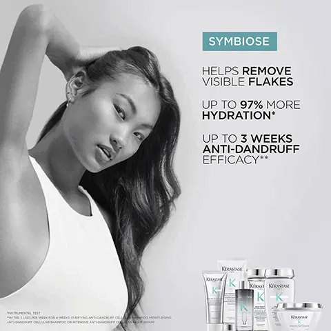 Image 1, purifying anti-dandruff cellular shampoo, oily sensitive scalp prone to dandruff. Image 2, salicylic acid and prioctone olamine. Image 3, symboise, helps remove visible flakes, up to 97% more hyrdation, up to 3 weeks anti-dandruff efficacy. Image 4, your routine to fight dry scalp and dandruff 1 = peel, 2 = bat, 3 = care, 4 = treat. Helps remove visible flakes. Up to 97% more hydration. Up to 3 weeks anti-dandruff efficacy- instrumental test, after 3 uses per week for 4 weeks purifying anti-dandruff cellular shampoo, moisturing anti-dandruff cellular shampoo or intesince anti-dandruff cellular night serum.