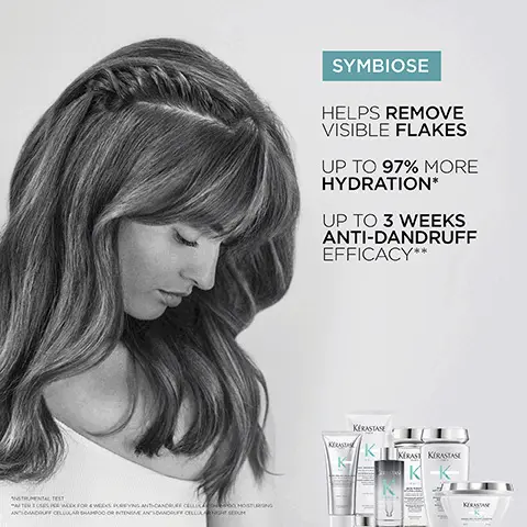 Image 1, detangling soothing cellular conditioner, sensitive scalp, prone to dandruff. Image 2, salicylic acid, bifidus, piroctone olamine. Image 3, symboise, your routine to fight oily scalp and dandruff, 1 = peel, 2 = bath, 3 = care, 4 = treat. Helps remove visible flakes. Up to 97% more hydration. Up to 3 weeks anti-dandruff efficacy- instrumental test, after 3 uses per week for 4 weeks purifying anti-dandruff cellular shampoo, moisturing anti-dandruff cellular shampoo or intesince anti-dandruff cellular night serum.