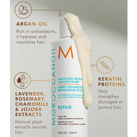 Image 1 and 2, argan oil - rich in antioxidants, it hydrates and nourishes hair. lavender, rosemary, chamomile and jojoba extracts - natural plant extracts nourish hair. keratin proteins - help strengthen damaged or porous hair.