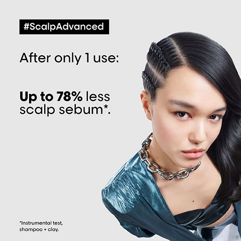 Image 1, scalp advanced after 1 use, up to 78% less scalp sebum *instrumental test shampoo plus clay. Image 2, scalp advanced review, stephanie said - i love the 2 in 1 deep purifier clay, the clay texture is incredible. it really purifies my scalp from sebum. Image 3, anti oiliness protocol 1 = dermo clarifier shampoo. 2 = 2 in 1 deep purifier clay. 3 = intense soother treatment.