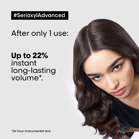 Image 1, scalp advanced after only 1 use, up to 22% instant long lasting volume *24 hour instrumental test. Image 2, consumer review, stephanie said = the best anti hair thinning routine, my hair looks denser so quickly. Image 3, anti thinning protocol 1 = purifier and bodifier shampoo. 2 = intense soother treatment, 3 = denser hair density activator serum. Image 4, new pack, same great formula.