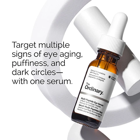 Image 1 - A brown glass bottle of serum with a dropper cap is positioned beside a white geometric shape, with text that reads Target multiple signs of eye aging, puffiness, and dark circles— with one serum.
Image 2 - A person with short, curly hair points to their eye while wearing a plain white shirt, accompanied by text that says Apply a small amount onto the eye contour in the morning and evening.
Image 3 - A close-up view of a smooth, translucent, water-based serum with visible bubbles and a brushstroke texture, accompanied by the text Water-based serum.
Image 4 - A transparent plate with bubbles sits on a white background, along with a smaller dish, accompanied by text that reads significantly improves the look of under-eye wrinkle and crows-feet in just 4 weeks. Clinical testing on 48 subjects after using product 2x/day for 4 weeks.
Image 5 - Image shows a layout detailing a skincare routine with three sections labeled PREP, TREAT, and SEAL, each containing various textured skincare products, followed by visible text that reads Cleansers, Toners, Water-based Serums, Eye Serums, Anhydrous Solutions, Oils, Suspensions, Moisturizers, and SPF.