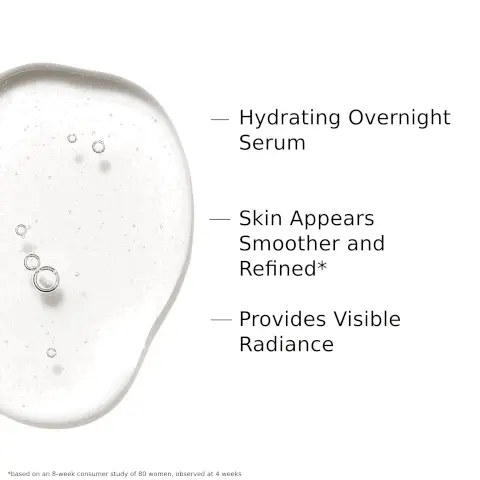 Image 1,Hydrating overnight serum, skin appears smoother and refined* and provides visible radiance. Image 2, Formulated with: 1.5% ferulic acid to enhance vitamin C efficacy, .5 polydatin resveratrol derivative to help improve skin tone evenness, 12% visibly improve skin radiance for a healthy glow. Image 3, suitable for all skin types, non comedogenic and vegan. Image 4, your glowing skin routine. Image 5, apply 1 pump to fingertips and massage into skin