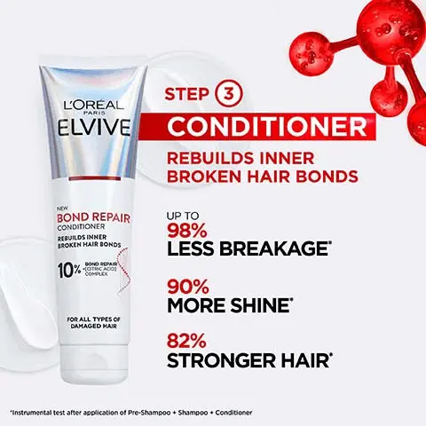 Image 1, step 3 = conditioner, rebuilds inner broken hair bonds, up to 98% less breakage, 90% more shine, 82% stronger hair. Image 2, before and after with no retouch. for all types of damaged hair: breakage, split ends, frizz, dryness and dullness.