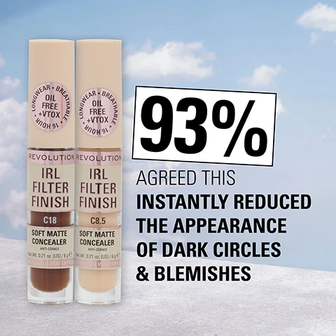 Image 1 - Two tubes of concealer labeled IRL FILTER FINISH in shades C18 and C8.5 are displayed against a light blue background, with visible text stating 93% AGREED THIS INSTANTLY REDUCED THE APPEARANCE OF DARK CIRCLES & BLEMISHES.
Image 2 - A young woman with long dark hair is applying a makeup product to her cheek while showcasing three concealer tubes beside her, with text above stating UNREAL RESULTS, IN REAL LIFE and text below reading IRL FILTER FINISH.
Image 3 - Four images of women showing before and after results of a cosmetic product, with captions reading REAL LIFE on the bottom left, ALSO REAL LIFE on the top right, and ZERO RETOUCH on the bottom right.
Image 4 - A woman with dark hair and warm skin tone smiles, showing her face split in two; on the left side, she has a natural look, while the right side has a smoother appearance with makeup, featuring three bottles of a product below the image with text that says REAL LIFE, UNREAL RESULTS, IN REAL LIFE, and ALSO REAL LIFE.