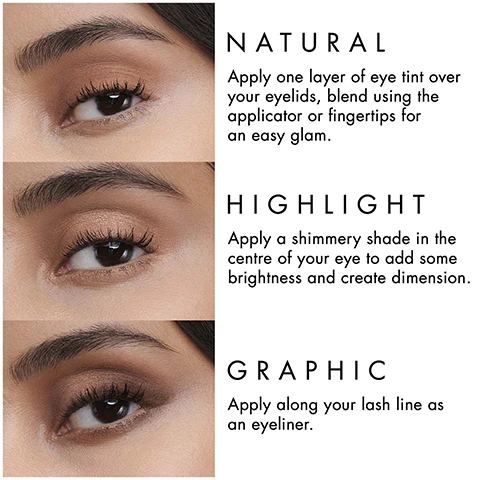 Image 1 - The image shows three close-up shots of a womans eyes with different makeup applications labeled as NATURAL, HIGHLIGHT, and GRAPHIC, along with corresponding descriptive text for each look.
Image 2 - Image showing a swatch chart with matte and shimmer color options for makeup products; on the left, colors labeled as matte include Beige, Cashew, Sandalwood, Cedar, Wood, Sakura, Olive, and Ebony; on the right, colors labeled as shimmer include Flannel, Gold Copper, Senso, Rose Ashes, Gold Ashes, Sunset, Frost, and others with corresponding numerical codes.