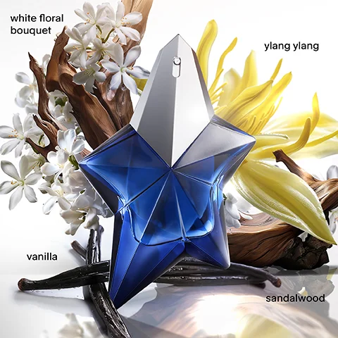 A blue star-shaped perfume bottle with a silver cap is centered among various fragrance notes including white flowers, yellow ylang-ylang blossoms, dark vanilla pods, and pieces of wood, with text labels white floral bouquet, ylang ylang, vanilla, and sandalwood.
