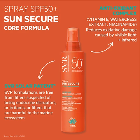 Image 3 - An orange SVR Sun Secure SPF50+ spray bottle stands prominently against an orange background, with surrounding white text indicating SPRAY SPF50+ SUN SECURE CORE FORMULA; ANTI-OXIDANT COMPLEX (VITAMIN E, WATERCRESS EXTRACT, NIACINAMIDE) Reduces oxidative damage caused by visible light + infrared; and SVR SOLAR PATENT** SVR formulations are free from filters suspected of being endocrine disruptors, or irritants, or filters that are harmful to the marine ecosystem *Patent filed n°FR19/04215; the bottle itself further details SVR LABORATOIRE DERMATOLOGIQUE SPF 50+ TRÈS HAUTE PROTECTION VERY HIGH PROTECTION SPRAY SUN SECURE ENFANT ADULTE UVA + UVB + VISIBLE + INFRAROUGES HYDRATANT ULTRA-LÉGER ET INVISIBLE MOISTURISING ULTRA-LIGHT AND INVISIBLE BÉBÉ ENFANT ADULTE PEAU HYPERSENSIBLE AU SOLEIL RÉSISTANT À LEAU BABY, CHILD, ADULT SUN-HYPERSENSITIVE SKIN WATER-RESISTANT, and features an OCEAN RESPECT logo. Image 4 - A smiling woman applies SVR SPF 50+ Sun Secure Ultra-Light and Invisible spray sunscreen to a smiling girls shoulder, showing white sunscreen, against a beach background, with additional text Lightweight Hydrating Milk Spray. Image 5 - An orange spray bottle of SVR Sun Secure SPF 50+ sunscreen is centered on an orange background, with surrounding text highlighting its features: SPF 50+ VERY HIGH PROTECTION AGAINST UVA + UVB + VISIBLE + INFRARED, Sensitive skin safe For baby + up; LIGHTWEIGHT MILK TEXTURE that spreads easily, leaves no white marks, provides a light, satin finish, hydrates skin, is water resistant, and non-greasy; it is also OCEAN RESPECT, REEF SAFE, Non-toxic to marine life, Biodegradable, and + ECO-RESPONSIBLE with 100% recyclable packaging; visible text on the bottle further specifies SVR LABORATOIRE DERMATOLOGIQUE, SPRAY SUN SECURE, TRÈS HAUTE PROTECTION, UVA + UVB + VISIBLE + INFRAROUGES, HYDRATANT ULTRA-LEGER ET INVISIBLE, MOISTURISING ULTRA-LIGHT AND INVISIBLE, BÉBÉ, ENFANT, ADULTE PEAU HYPERSENSIBLE AU SOLEIL RÉSISTANT À LEAU, and BABY, CHILD, ADULT SUN-HYPERSENSITIVE SKIN WATER-RESISTANT, along with a small OCEAN RESPECT icon. Image 6 - A person is spraying white sunscreen onto their tanned arm from an orange bottle, with the ocean and sky in the background, and text that reads HOW TO USE Apply generously + evenly before sun exposure For face, spray onto hands, then apply to face from hands Stay safe in the sun, re-apply frequently. Image 8 - Six SVR Sun Secure SPF50+ sunscreens in different formats and one SVR Après-Soleil Sun Secure aftersun cream are arranged on a sandy beach with the ocean in the background, with text that reads SVR SPF50+ PROTECTION FIND YOUR IDEAL FORMAT, and individual products labeled FRESH MIST, MILK SPRAY, DRY OIL SPRAY, INVISIBLE WATER, HYDRATING MILK, and AFTERSUN CREAM.