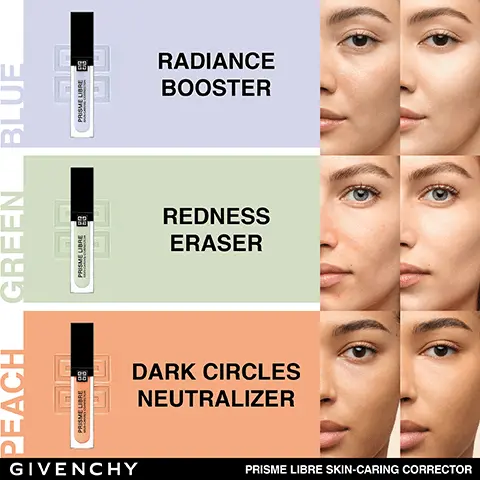 Image 1, blue = radiance booster. green = redness eraser. peach = dark circles neutralizer. Image 2, prisme libre skin caring corrector, 90% skin care base. vegetal glycerin, 24 hour hydration. capucine extract, luminous makeup finish. 95% natural origin ingredients. Image 3, prisme libre skin caring corrector, 90% skincare base. 24 hour hyfration, color correction, dark circles. Image 4, prisme libra routine the master of lights, step 1 = prep with prisme libre prep and set glow mist, step 2 = correct with prisme libre skin caring corrector, step 3 = unify, prisme libre skin caring founation, step 4 = conceal, prisme libre skin caring concealer, step 5 = sculpt with prisme libre loose powder, step 6 = colour prisme libre blush