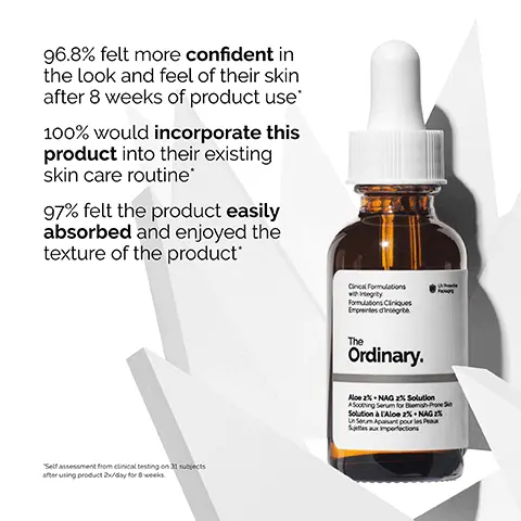 Image 1, 96.8% felt more confident in the look and feel of their skin after 8 weeks product use*. 100% would incoporate this product into their existing skin care routine. 97% felt the product easily absorbed and enjoyed the texture of the product. *self qassessment from clinical testing on 31 subjects after using product twice a day for 8 weeks. Image 2, key ingredients in aloe 2% plus NAG 2% solution. aloe barbadensis leaf juice powder, known for its moisturizing properties. palmitoyl pentapeptide-4, supports the skin barrier, smooths textural irregularities, and evens out skin tone. N-Acetyk Glucosamine (NAG), visibly targets uneven skin tone.
