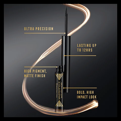 Image 1, ultra precision, lasting up to 12 hours, high pigment matte finish, bold and high impact look. Image 2, dramatic and bold eyes in just one stroke. Image 3, sweat proof, flake proof, himidity proof, fade proof, transfer proof, smudge proof. comprehensively life proof. Image 4, precise tip for fine and mess free lines. effortless application. Image 5, intense colour with a matte finish, black, charcoal, espresso and navy. Image 6, masterpiece 2 in 1 lash wow mascara. perfect match for that wow effect. Image 7, discover the masterpiece collection, masterpiece mac, 2 in 1 lash wow, divine lashes, masterpiece.