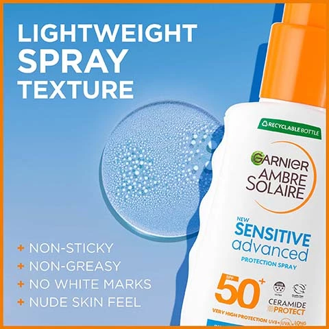Image 1, lightweight spray texture, non sticky, non greasy, no white marks, nude skin feel. Image 2, hypoallergenic, non comedogenic, fragrance free. Image 3, SPF 50 very high protection, against UVB, UVA and long UVA. Image 4, a strict formulation charter. very high protection, protect against UVB, UVA and long UVA, tested under dermatological control, recognised by the british skin foundation, cruelty free international, hypoallergenic, recyclable bottle, no fragrance, non gready, very water resistant.