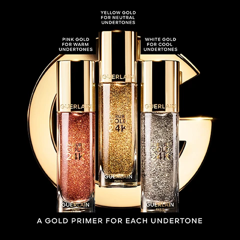 Image 1, a gold primer for each undertone. pink gold - for warm undertones. yellow gold - for neutral undertones. white gold - for cool undertones. image 2, a made to measure face duo. yellow gold for neutral undertones. image 3, 99% rejuvenating effect skincare. 24 hour hydration. 24 hour absolute radiance. image 4, parure gold 24k. 98% naturally derived ingredients. image 5, the golden matte routine.