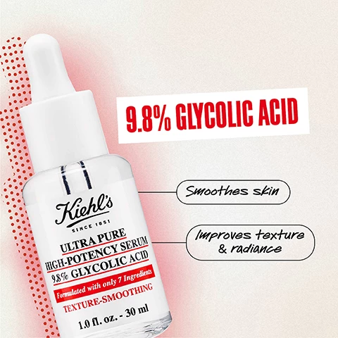 Image 1, 9.8% glycolic acid, smoothes skin, improves texture and radiance. Image 2, smoother skin texture. Image 3, apply 4-5 drops at night. Image 4, which ultra pure serum is for you? niacinamide = shine free skin please. hyaluronic acid = i need a moisture boost. glycolic acid = texture is my main concern. Image 4, texture smoothing routine, midnight recovery cleansing oil, glycolic acid serum, midnight recovery concentrate. Image 5, ultra pure serums, targeted solutions, 10 ingredients or less, tested on all skin types including sensitive.