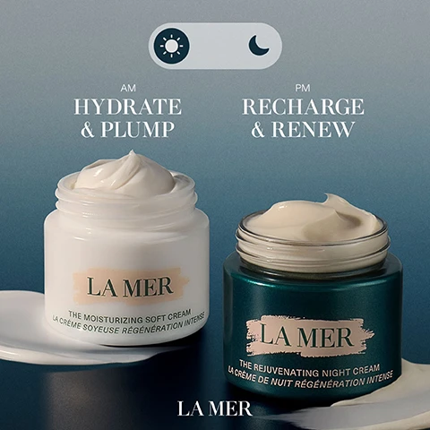 Image 1 - A white jar labeled LA MER containing moisturizing soft cream is displayed on the left with the text AM HYDRATE & PLUMP, while a green jar on the right contains rejuvenating night cream with the text PM RECHARGE & RENEW.
Image 2 - An image of clusters of bubbles with a blurred background, featuring the text 94% said their skin felt SOFTER & SMOOTHER* and a note at the bottom stating *Consumer testing on 128 women after 1 week of product use.