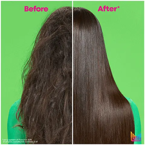 Image 1 - Image shows a split view of a persons hair before and after treatment, with the left side displaying frizzy, unstyled hair and the right side showing smooth, straight hair. Visible text includes Before above the left side and After* above the right side, with additional text at the bottom mentioning a hair care system including shampoo, conditioner, and masks.
Image 2 - A split image showing the comparison of hair texture before and after using a hair care product, with Before in pink text on the left side and After* in pink text on the right side; the left side displays frizzy hair while the right side shows defined, shiny curls.
Image 3 - Image shows a side-by-side comparison of a persons hairstyle with the left side labeled Before and the right side labeled After* on a bright green background, showcasing a transformation in hair texture and appearance. Visible text includes: Before and After*.
Image 4 - A green shampoo bottle with the label Matrix Food for Soft is displayed against a light background, highlighting benefits like 7x More Moisture, infusion of avocado oil and hyaluronic acid, and leaving hair feeling soft and hydrated.
Image 5 - A smooth, creamy hair product is shown against a bright green background, with visible text stating 7x More Hydration*, 72 Hours Of Softness*, and For All Dry Hair.
Image 6 - Image of a hair care product display featuring three items: a black bottle labeled Hydrating Shampoo, a green bottle labeled Detangling Hydrating Conditioner, and a small green bottle labeled Multi-Use Hair Oil Serum, all against a bright green background with the text Food For Soft Professional Hydrating System.
Image 7 - Three green hair care products from Matrix are displayed on a bright green background, surrounded by halved avocados, with text highlighting Hyaluronic Acid Attracts Moisture and Avocado Oil Locks In Moisture.