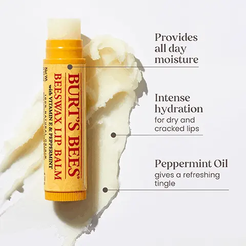 Image 1: Provides all day moisture, intense hydration for dry and cracked lips and peppermint oil gives a refreshing tingle Image 2: 8 hours of moisture and a hint of colour. Image 3: It's the most moisturising lip balm i have ever used. Customer 5 star review on burtbees.co.uk. Image 4: Kind to skin and planet since 1984: Ingredients from nature, responsible sourcing, leaping bunny certified, recyclable packaging, landfill free operations and carbon neutral certified.