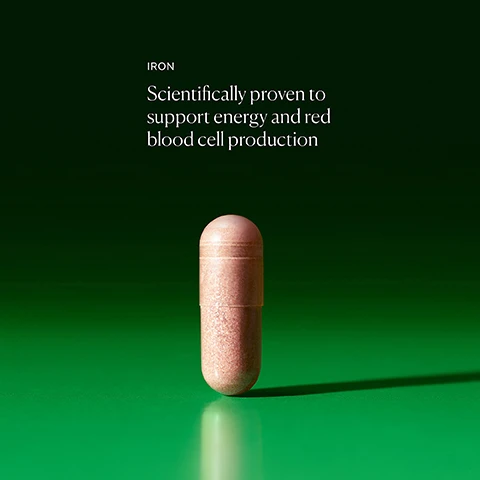 Image 1 - Image of a pink capsule on a green background with visible text that reads Iron: Scientifically proven to support energy and red blood cell production.
Image 2 - Image shows two jars of nutritional supplement labeled THE NUE CO SUPPLEMENT IRON, with the left jar displaying the old packaging and the right jar displaying the new packaging, along with text at the bottom explaining that customers may receive either packaging while the formula remains the same.
Image 3 - Image shows two sections with descriptions of nutritional supplements; the top section features silver metallic beads representing iron with the text Iron (Ferrous Fumarate) Helps red blood cells carry oxygen around the body, so when levels are low we can feel tired and sluggish, and the bottom section features a sliced blood orange symbolizing Bioavailable Vitamin C with the text Bioavailable Vitamin C with bioflavonoids for optimum absorption help your body take in more iron.