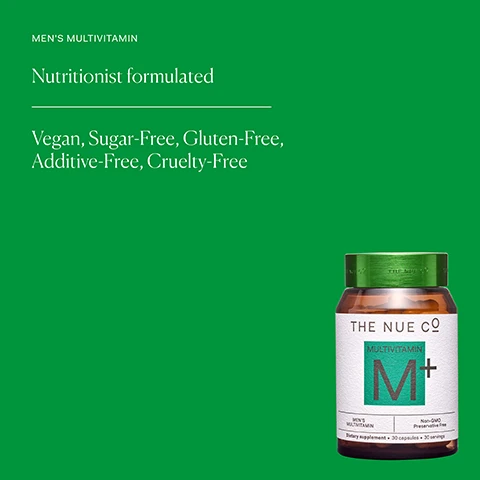 Image 1 - A jar of mens multivitamins with a green label on a bright green background, featuring the text Mens Multivitamin, Nutritionist formulated, and Vegan, Sugar-Free, Gluten-Free, Additive-Free, Cruelty-Free.
Image 2 - Image showing two jars of multivitamins labeled Old Packaging on the left and New Packaging on the right, with visible text stating that both contain the same formula and information about sustainability.