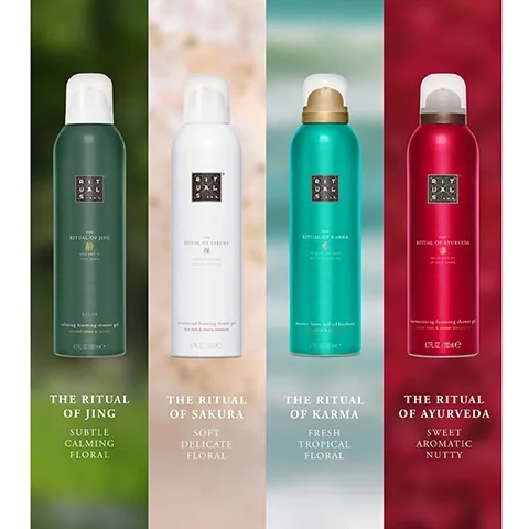 The Ritual of Jing- Subtle, calming, floral. The Ritual of Sakura- Soft, delicate, floral. The Ritual of Karma- Fresh, tropical, floral. The Ritual of Ayurveda- Sweet, aromatic, nutty.