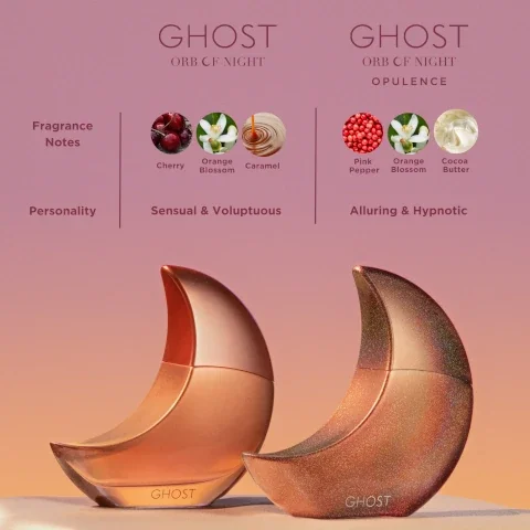 difference between ghost orb of night and ghost orb of night opulence. ghost orb of night, fragrance notes = cherry, orange blossom, caramel. personality = sensual and voluptuous. ghost orb of night opulence, fragrance notes = pink pepper, orange blossom, cocoa butter. personality = alluring and hypnotic.