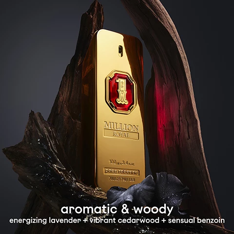 Image 1, aromatic and woody, energizing lavender and vibrant cedarwood and sensual benzoin. Image 2, aftershaves on a scale from fresh to intense. 1 million eau de toilette, clean and spicy, fresh. 1 million parfum, hot and intense, fresh. 1 million royal parfum, aromatic and woody, intense. 1 million elixir parfum intense, sensual and absolute, intense.