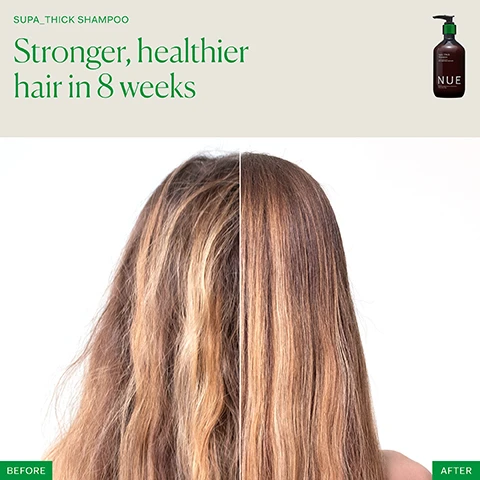 Image 1 - Image shows a comparison of hair before and after using Supa Thick Shampoo, with the left side displaying frizzy hair and the right side showing smooth, healthier hair; text reads Stronger, healthier hair in 8 weeks above and BEFORE and AFTER labels at the bottom.
Image 2 - Image shows a comparison of hair before and after using Supa Thick Shampoo, with the left side displaying dull hair and the right side showing shinier, healthier hair, accompanied by the text Stronger, healthier hair in 8 weeks and product branding for NUE, labeled BEFORE on the left and AFTER on the right.
Image 3 - A split image shows a persons hair before and after using Supa Thick Shampoo, with the left side labeled BEFORE featuring frizzy hair and the right side labeled AFTER showcasing smooth, healthy hair; above is text that reads Stronger, healthier hair in 8 weeks along with an image of the shampoo bottle.
Image 4 - Image shows a guide titled The healthy hair and scalp routine, featuring four numbered products: 1. Growth Phase Supplement - Clinically proven to increase hair growth and reduce shedding, take 3 capsules daily; 2. Supa Thick Scalp Serum - Supports the scalp microbiome and reduces shedding, use 2-3 times a week; 3. Supa Thick Shampoo - Deeply cleanses hair and scalp, supports the scalp microbiome, use 2-3 times a week; 4. Supa Thick Conditioner - Hydrates and strengthens hair, reduces breakage, use 2-3 times a week.
Image 5 - Image of a green background featuring a bottle of Supa Thick Shampoo with text highlighting statistics: 95% saw thicker, healthier hair after first use, 90% saw less hair breakage in 4 weeks, and 87% saw improved hair growth in 8 weeks, along with a note about a self-perception consumer panel conducted by The NUE Co. with 21 female participants.